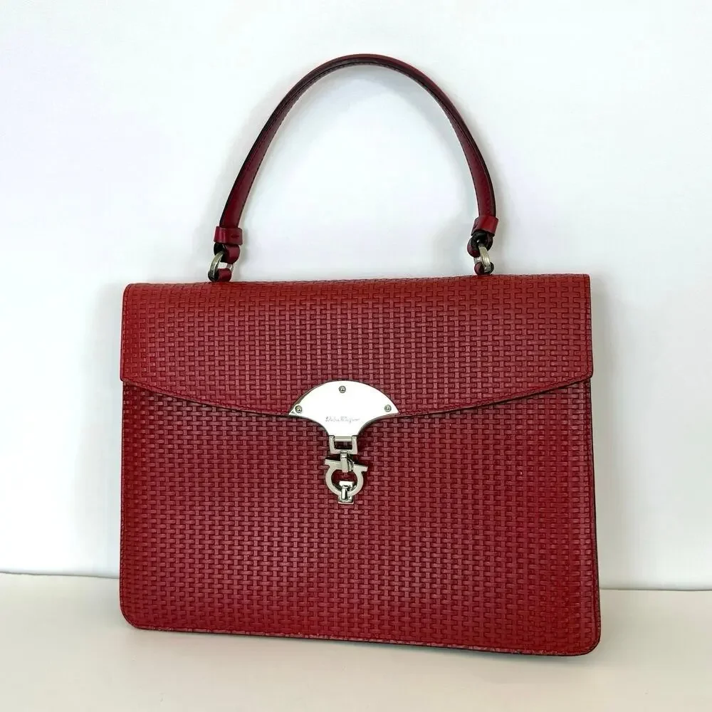 Ferragamo Gancini Woven Top Handle Satchel Bag Red Leather Made in Italy